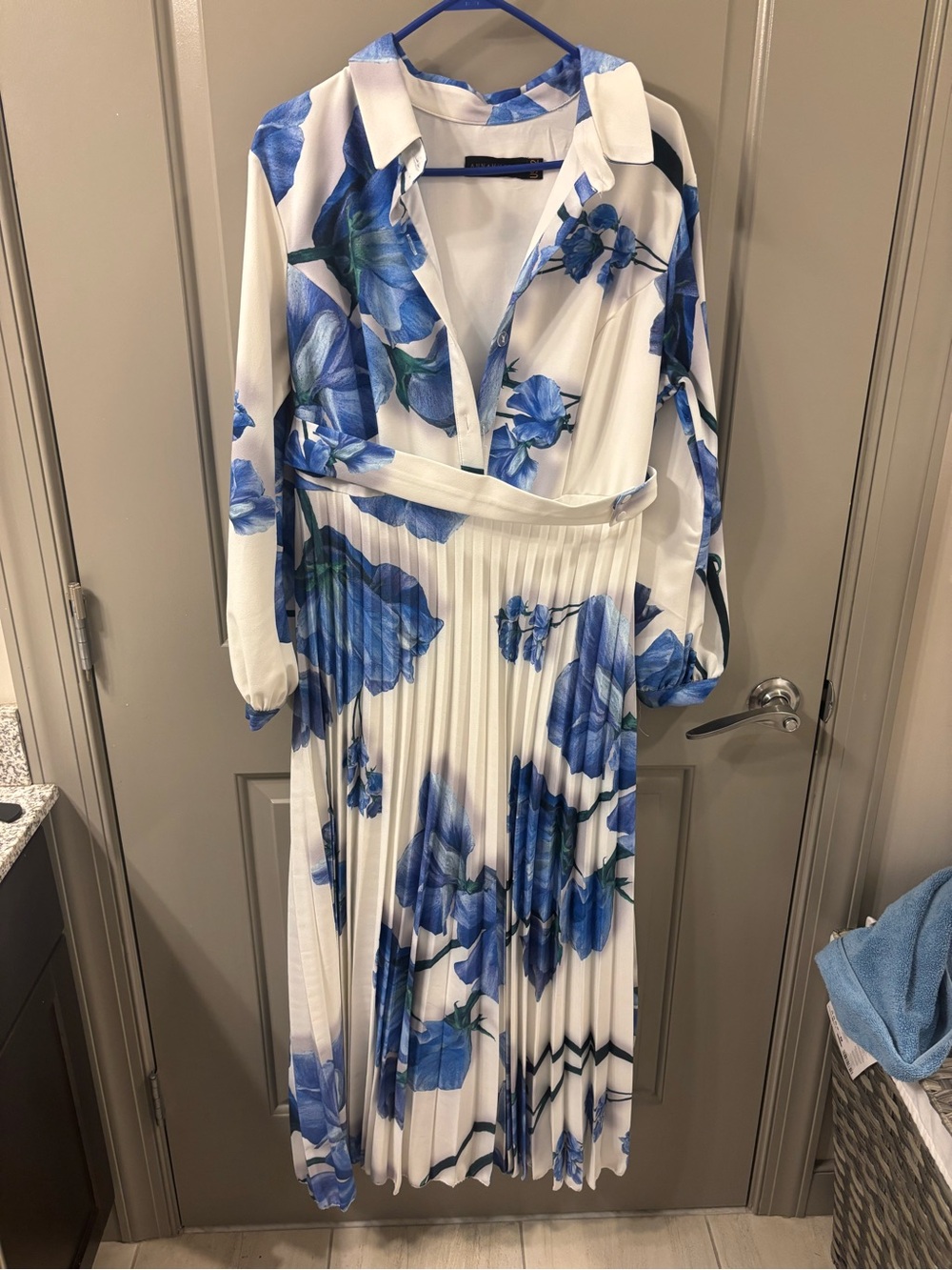 White & Blue Floral Pleated Maxi Dress